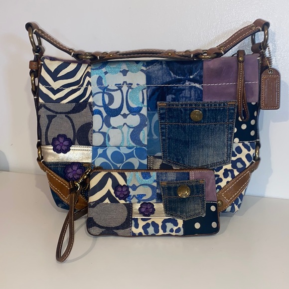 Coach Handbags - Coach Blue Patch Work Purse With Matching Wristlet